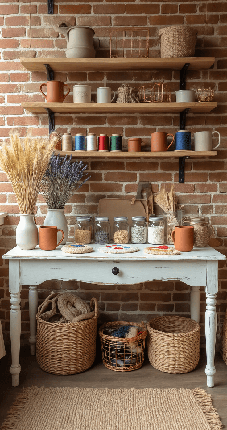 Artisan craft studio corner with a vintage whitewashed wooden desk filled with organized punch needle embroidery supplies in glass jars, hand-thrown ceramic mugs, and a dried flower arrangement. Exposed brick walls and floating pine shelves display colorful thread spools, while a natural jute rug anchors the space and copper wire baskets hold crafting tools, all bathed in warm afternoon light.