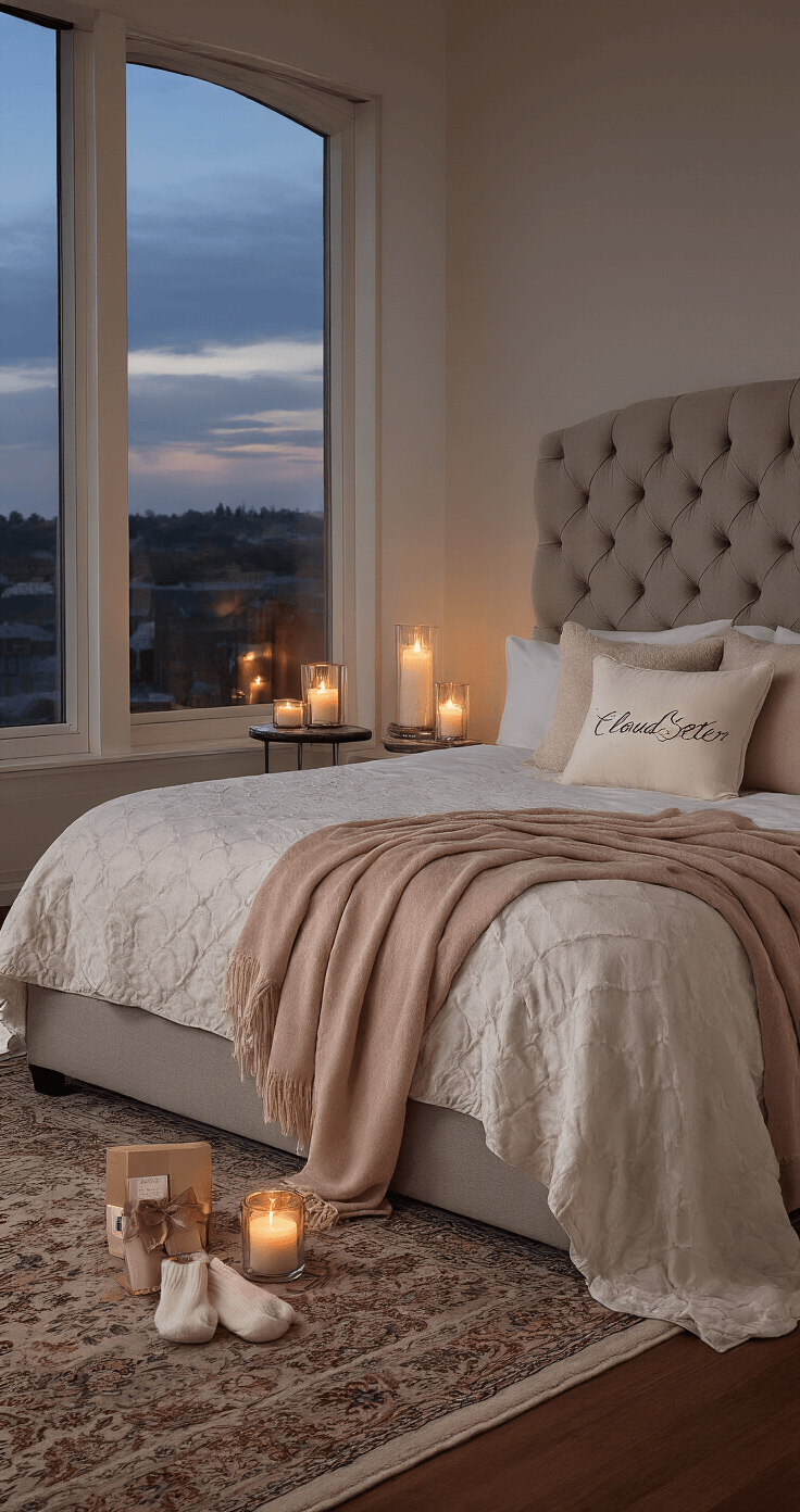 Luxurious twilight bedroom with a king-size bed adorned in cashmere throw blankets, personalized love letter pillow, flickering vanilla candles, and gleaming hardwood floors beneath a patterned Persian rug, all creating an intimate and relaxing atmosphere.
