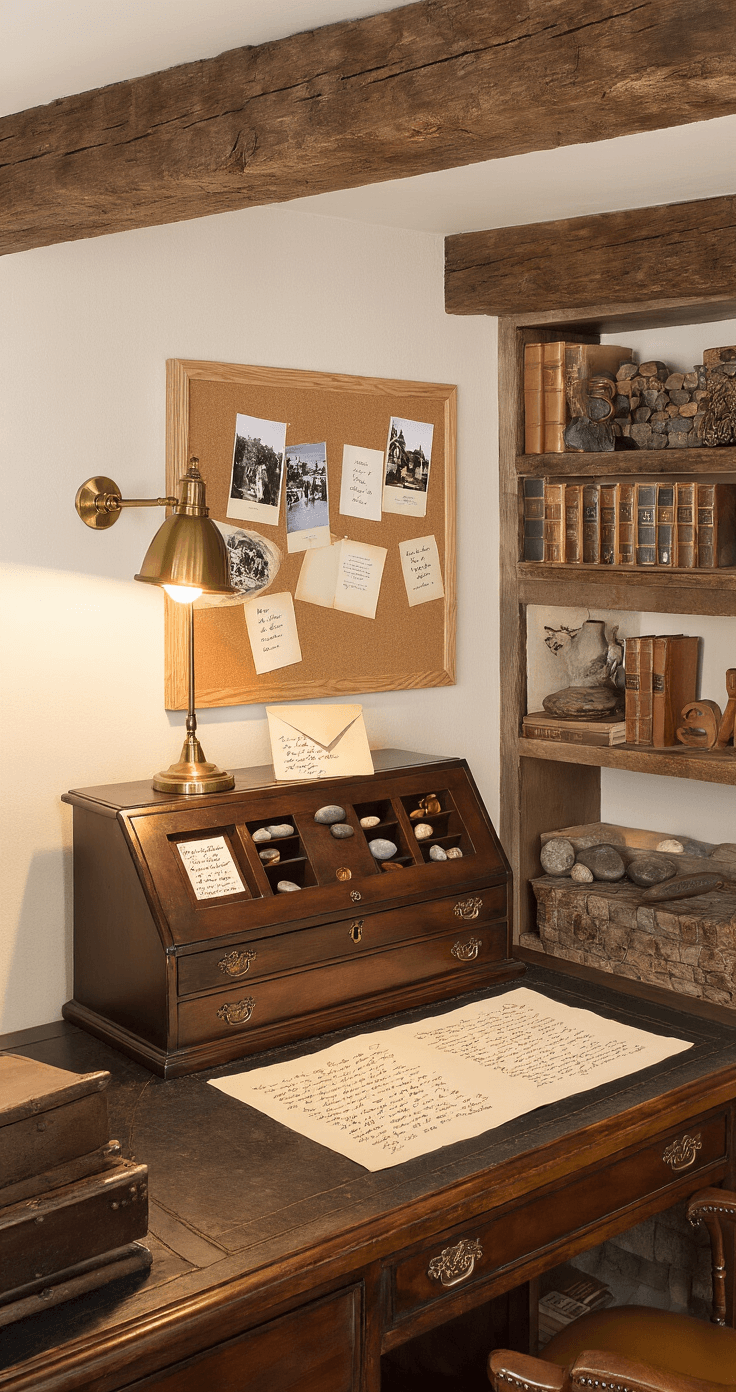 A cozy home office nook with an antique secretary desk scattered with handwritten love letters, vintage fountain pens, and sealing wax, illuminated by a warm brass desk lamp, featuring a cork board with a romantic photo collage and engraved pebbles on weathered wood shelving, framed by wooden beams and filled with poetry collections.