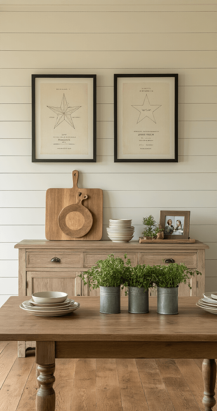Sophisticated dining room corner at golden hour featuring a personalized cutting board on an easel, rustic farmhouse table with artisan ceramic dinnerware and a fresh herb centerpiece, custom star map artwork, and a vintage credenza holding wedding photo albums, all set against a soft sage shiplap wall and natural oak flooring.