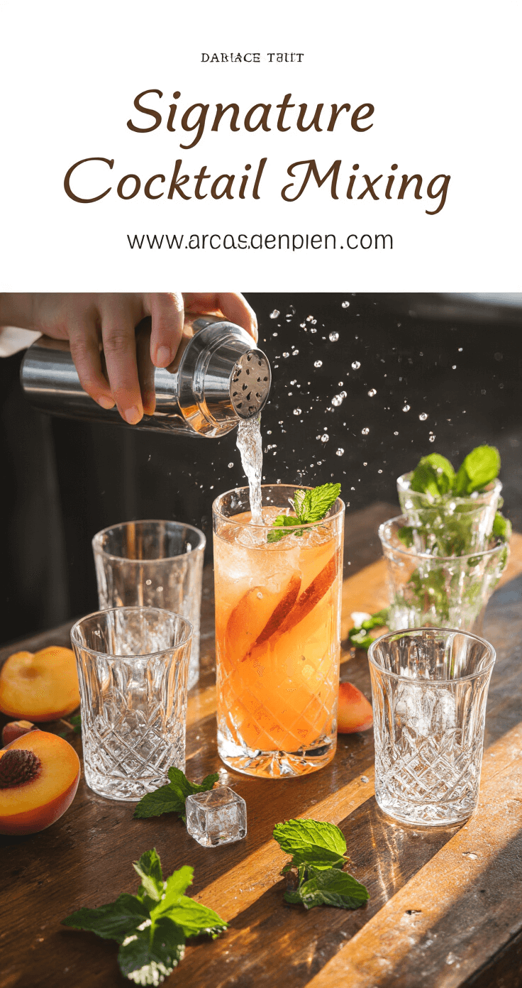Creative Iced Tea Wedding Drinks: The Ultimate Refreshment Guide An elegant overhead view of a cocktail shaker in motion, surrounded by fresh peach slices, mint leaves, and ice cubes on a rustic wooden bar, with crystal serving glasses and dramatic golden hour lighting creating a sophisticated wedding beverage scene.