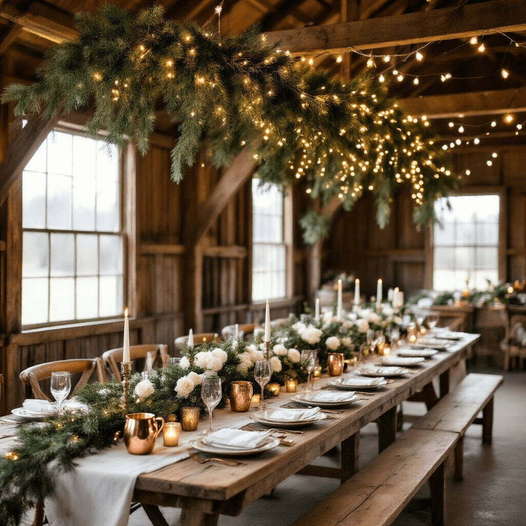 A rustic barn beautifully decorated for a winter wedding, featuring exposed wooden beams draped with evergreen garlands and fairy lights, long farm tables with white linens and vintage china, centerpieces of pinecones and white roses, warm light from frosted windows, and a cozy DIY hot chocolate bar with copper mugs.