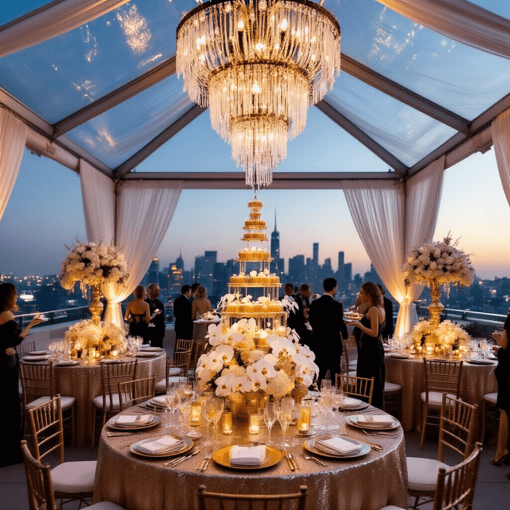 An elegant rooftop terrace at twilight for a glamorous New Year's Eve party, featuring a clear tent with crystal chandeliers, round tables with champagne-colored sequined linens, tall floral arrangements, a champagne tower, Art Deco signage, a disco ball, and guests in evening wear mingling with servers passing hors d'oeuvres.