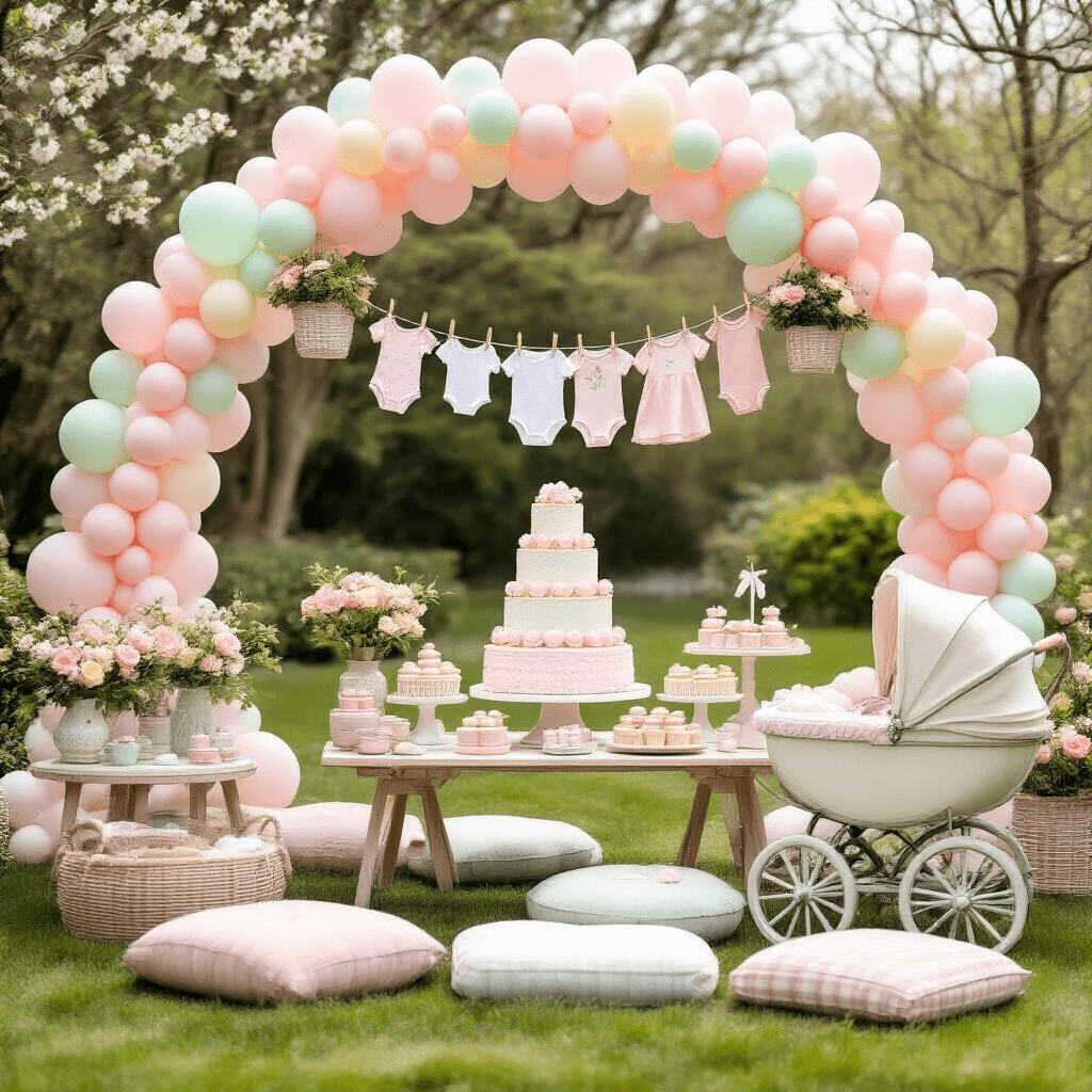 A whimsical garden baby shower scene featuring pastel balloon arches, a dessert table with a tiered diaper cake, macarons, and cupcakes, low tables with plush floor cushions, hanging wicker baskets with fresh flowers, a clothesline of tiny onesies and socks, and a vintage pram as a gift repository, all set in a manicured lawn.