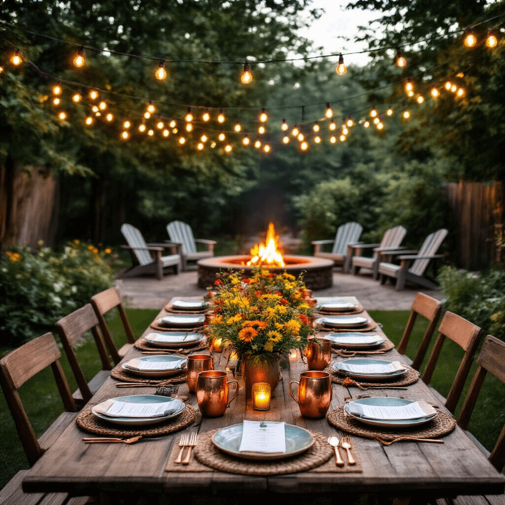 An outdoor summer solstice dinner party setting at dusk, featuring a long wooden table with mismatched vintage plates, wildflower centerpieces, copper Moscow mule mugs, and woven placemats under string lights. A fire pit with Adirondack chairs is nearby, and linen napkins in terracotta and sage colors complement a hand-painted menu board listing farm-to-table courses.