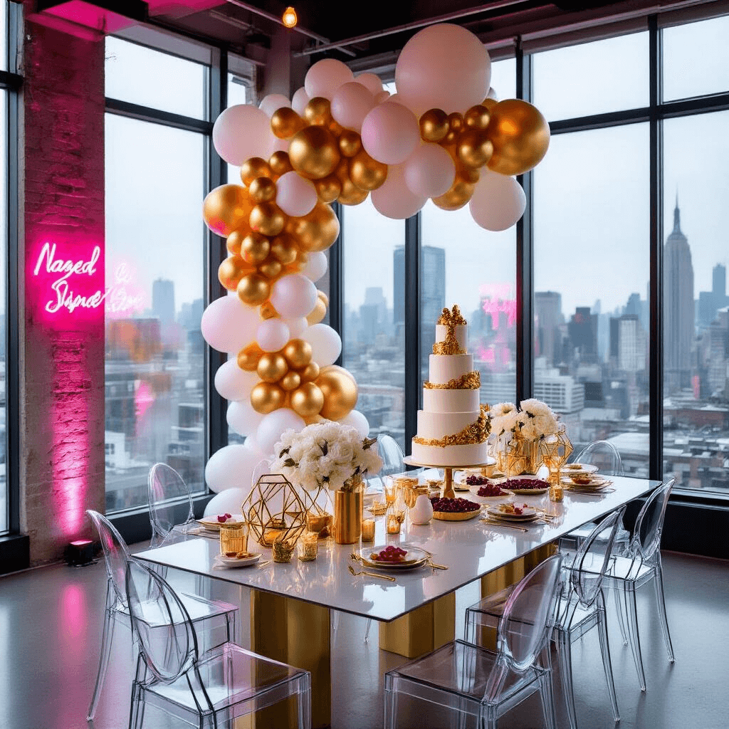 A modern loft decorated for a birthday celebration, featuring floor-to-ceiling windows with a city view, an ombre metallic balloon installation, ghost chairs around acrylic tables with geometric terrariums and white orchids, a dessert station with a naked cake topped with fresh figs and edible gold leaf, and neon signage casting a pink glow.
