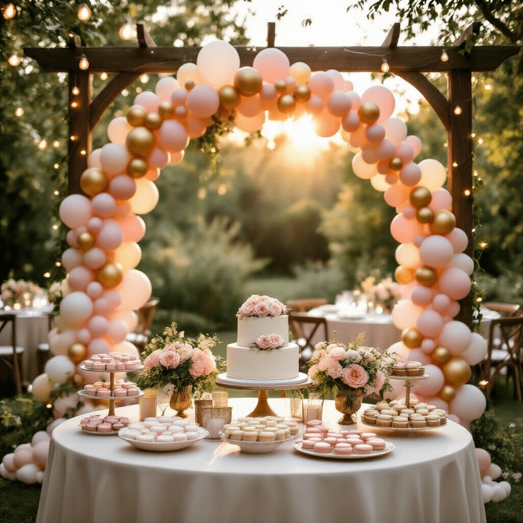 A dreamy garden wedding reception at golden hour featuring a blush pink, cream, and gold balloon garland over a rustic wooden archway, elegant round tables with silk linens and floral centerpieces, fairy lights overhead, and a vintage dessert cart with a tiered wedding cake and pastel macarons. Balloon Garland Ideas