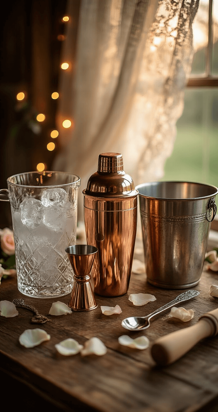 Cinematic overhead shot of wedding cocktail equipment on a rustic wooden table, featuring a gleaming copper shaker, crystal jigger, ornate bar spoon, wooden muddler, a silver ice bucket with condensation, and an elegant pitcher filled with ice cubes, all set against a backdrop of soft lighting, rose petals, and fairy lights.