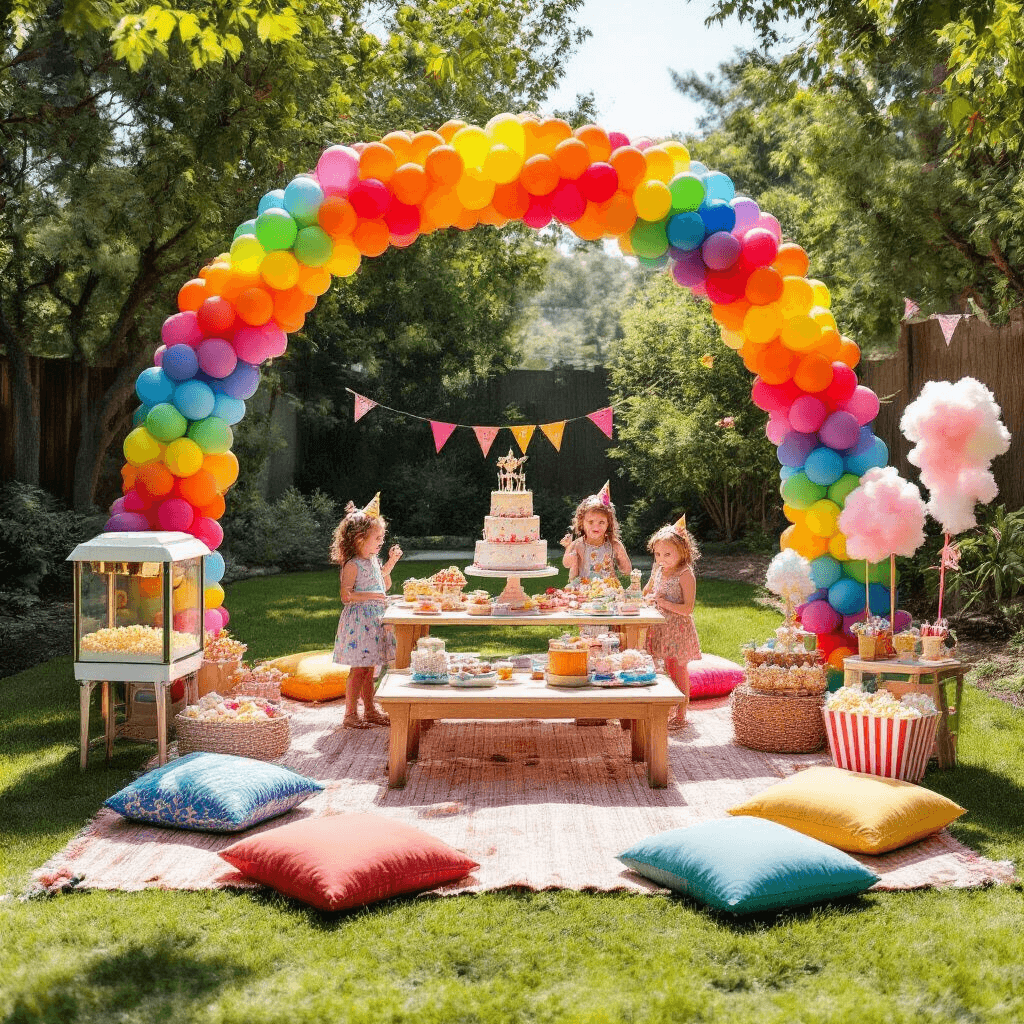 Aerial view of a lively children's birthday party in a sunlit backyard, featuring a rainbow balloon garland, picnic area with low tables and colorful cushions, a DIY photo booth, popcorn machine, cotton candy stand, and a vibrant birthday cake surrounded by balloons and party favors.
