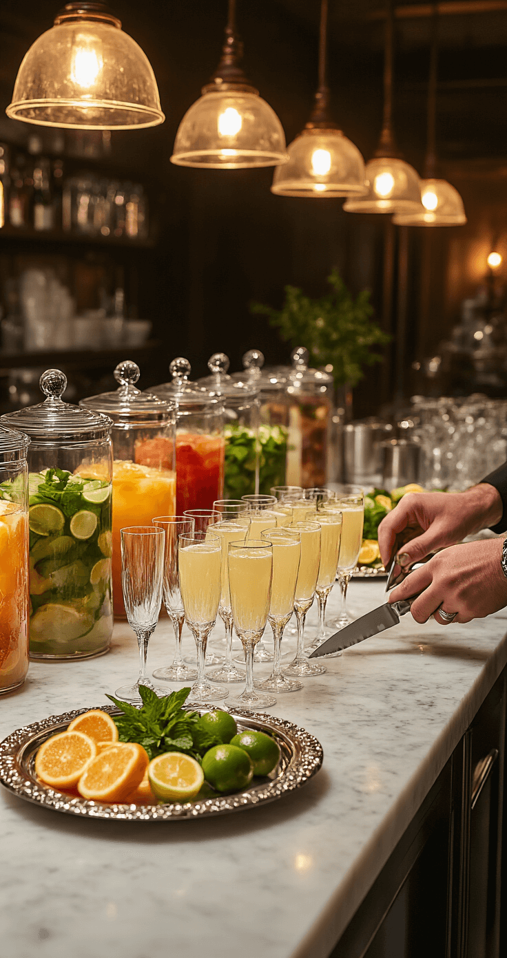 Luxurious kitchen scene featuring pre-chilled champagne flutes on marble, a bartender cutting fresh citrus garnishes, colorful batch cocktails in vintage dispensers, glistening crushed ice, and artfully arranged mint and lime, all in a warmly lit elegant wedding venue.