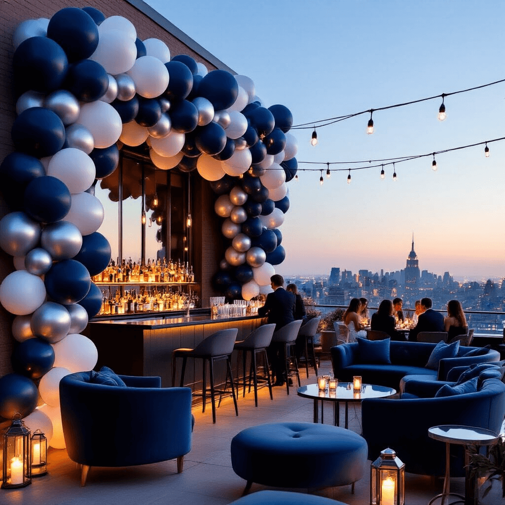 An elegant rooftop cocktail party at twilight featuring a sophisticated balloon installation in deep navy, silver, and white, complemented by a sleek bar setup and modern lounge furniture; soft ambient lighting invites mingling guests against a backdrop of twinkling city lights.