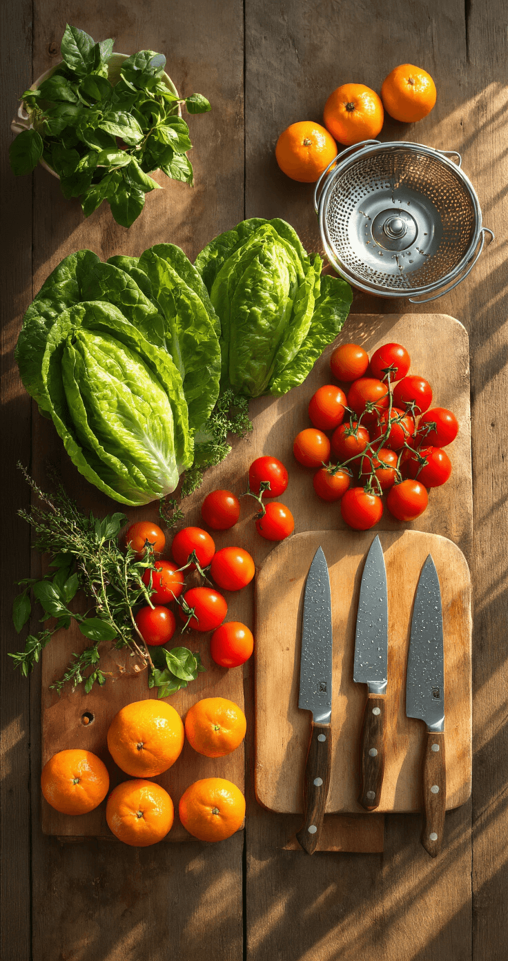 Cinematic overhead shot of a rustic wooden farmhouse table filled with vibrant seasonal produce and utensils, showcasing fresh romaine lettuce, cherry tomatoes, tangerines, and herbs in warm morning light.