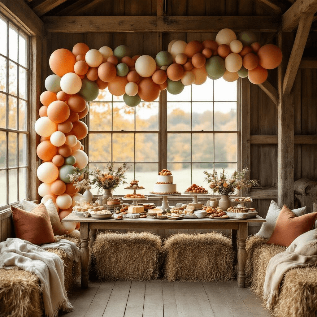 A cozy autumnal baby shower in a rustic barn, featuring a warm terracotta, sage green, and cream balloon garland across wooden beams, sunlight illuminating a table with vintage cake stands, artisanal cheeses, and seasonal fruits, with throw blankets and pillows on hay bales, highlighting textures of wood, balloons, and soft fabrics.