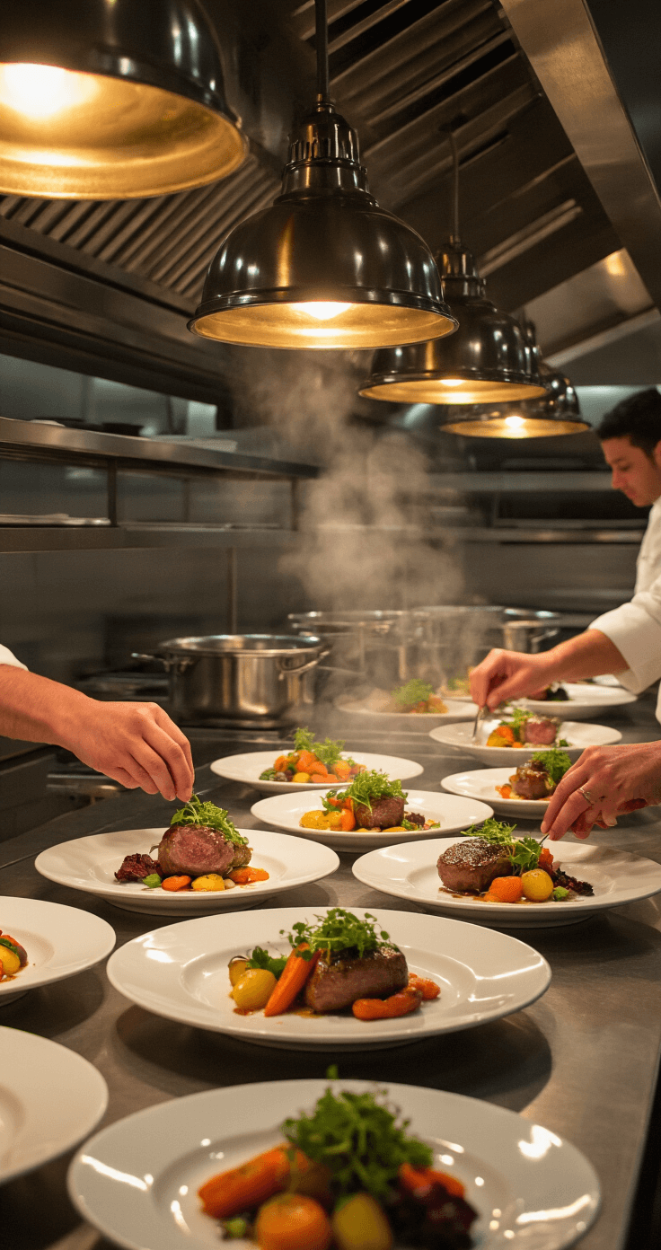 Elegant kitchen scene with chef assembling wedding dishes featuring roasted vegetables, lamb medallions, and microgreens under warm golden lighting.