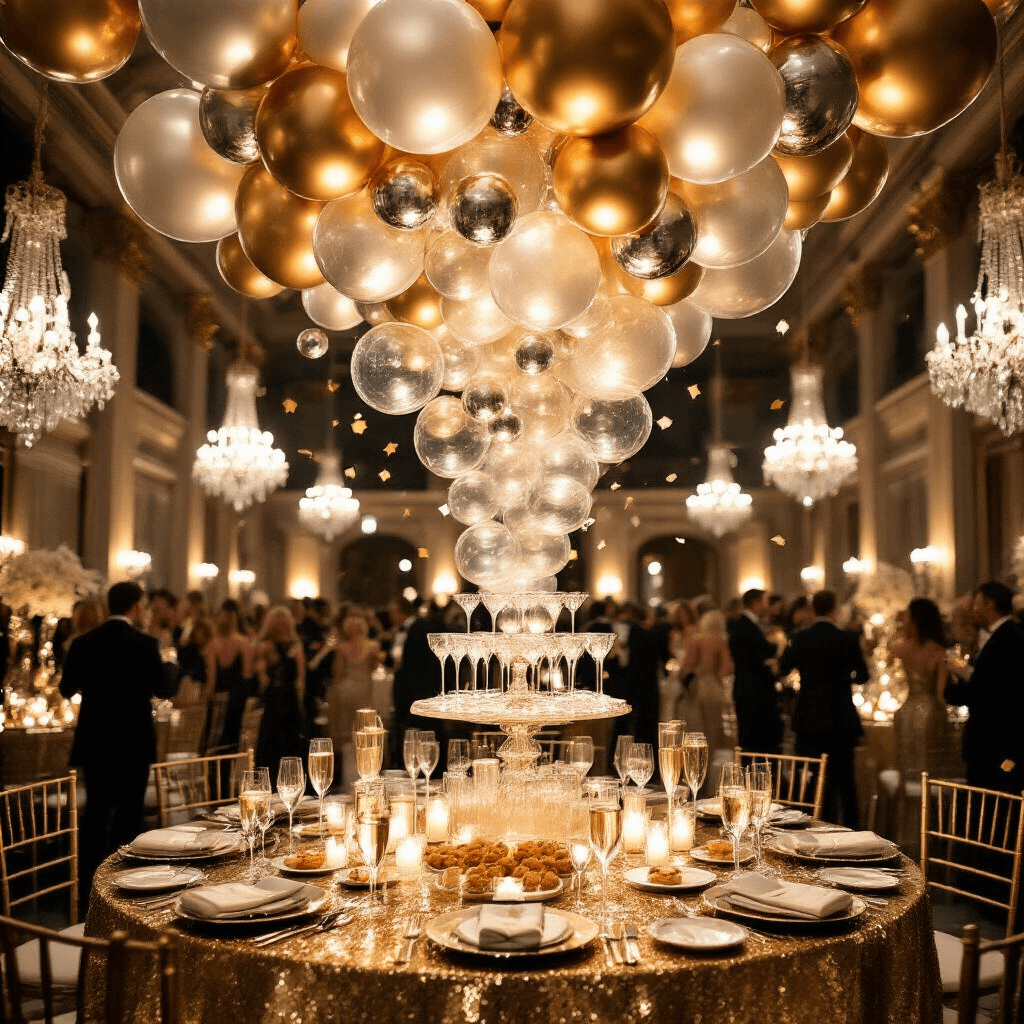 A grand ballroom on New Year's Eve, showcasing an opulent balloon installation with cascading champagne bubbles, gold sequined tablecloths, mirrored surfaces, and crystal chandeliers. A champagne tower and elegant flutes are in focus as confetti falls and revelers raise their glasses at midnight, all under dramatic lighting that enhances the luxurious atmosphere.