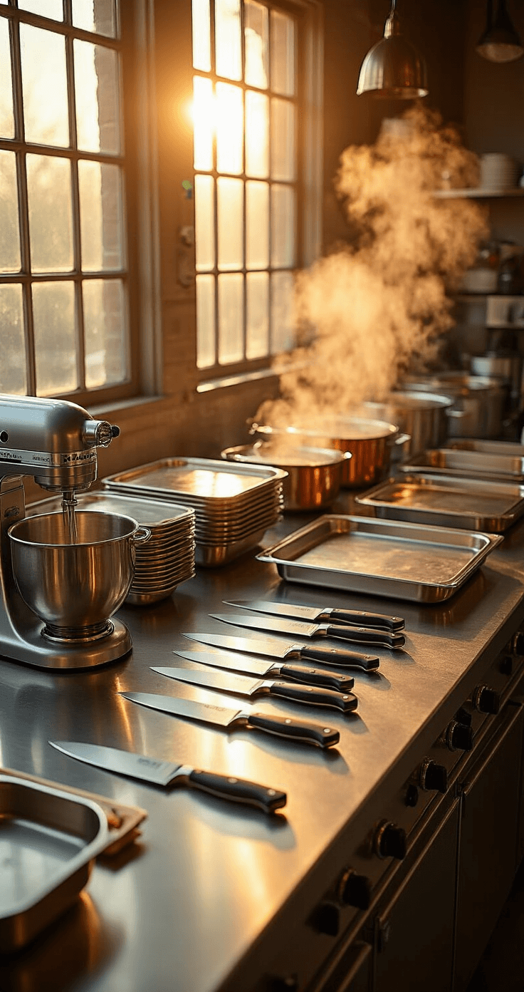 Cinematic overhead shot of a pristine commercial kitchen filled with warm golden hour light, showcasing polished stainless steel countertops adorned with wedding prep equipment like a food processor, chef knives, sheet pans, chafing dishes, and warming trays, with steam rising from testing stations.