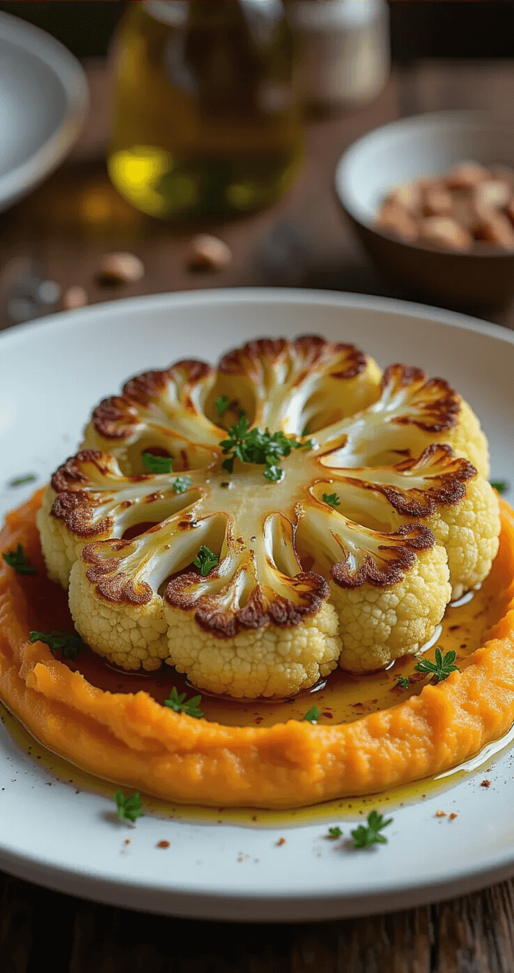 Close-up of roasted cauliflower steak drizzled with olive oil and smoky paprika, served on vibrant orange sweet potato puree, garnished with toasted nuts and fresh green gremolata, all on elegant white porcelain, showcasing plant-based wedding cuisine in moody lighting.