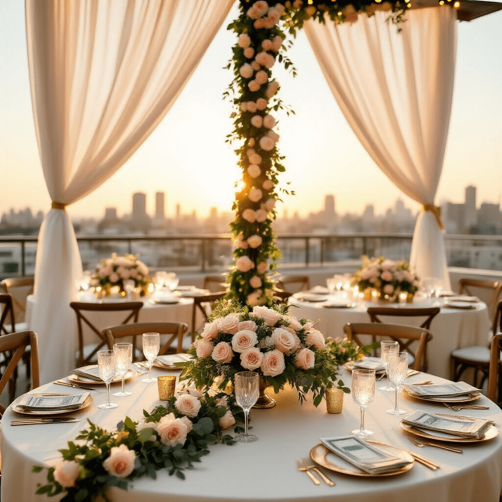 A wide-angle view of a sun-drenched rooftop terrace during golden hour, featuring an elegant wedding setup with round tables adorned in ivory silk linens, cascading centerpieces of blush roses and eucalyptus, and a money garland of crisp bills and gold ribbon draped against sheer white curtains, illuminated by twinkling fairy lights, with a cityscape in the background.
