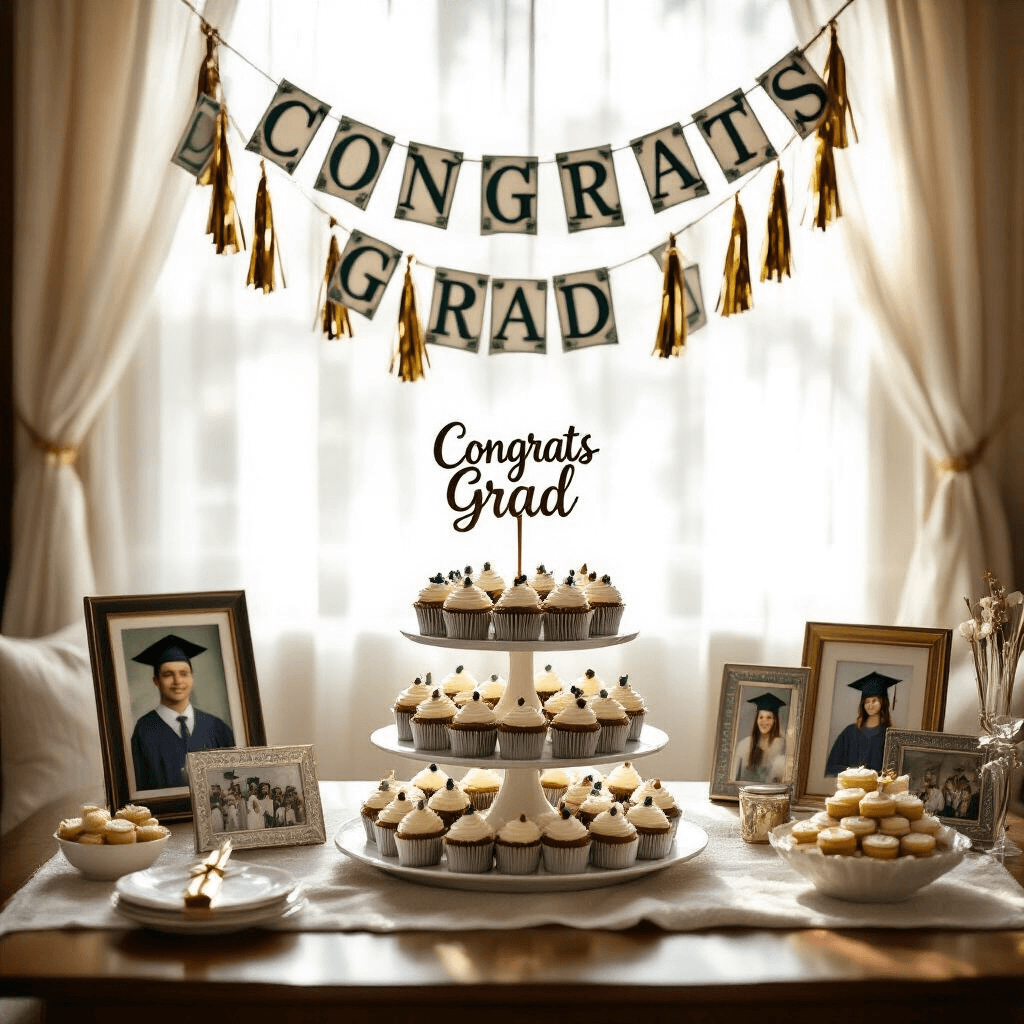A close-up of a decorated living room for a graduation celebration, featuring a tiered dessert table with cupcakes and a custom cake, a money garland arch, framed photos, and diplomas, all illuminated by soft morning light through gauzy curtains.