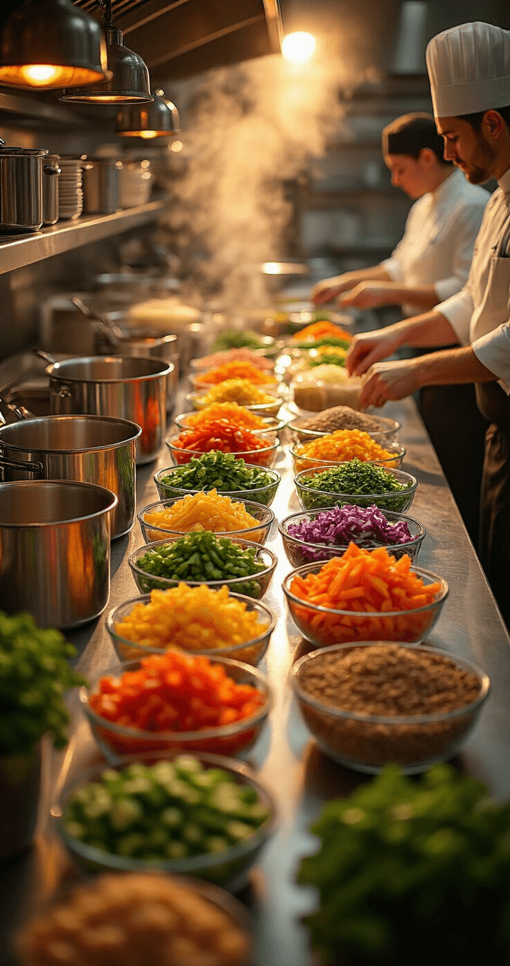 Cinematic overhead shot of a warm, golden hour-lit commercial kitchen with organized stations featuring pre-chopped rainbow vegetables in glass bowls, aromatic spices in measuring cups, gleaming stainless steel equipment, simmering pots with rising steam, and chefs' hands carefully arranging ingredients, with a focus on the textures of fresh herbs.