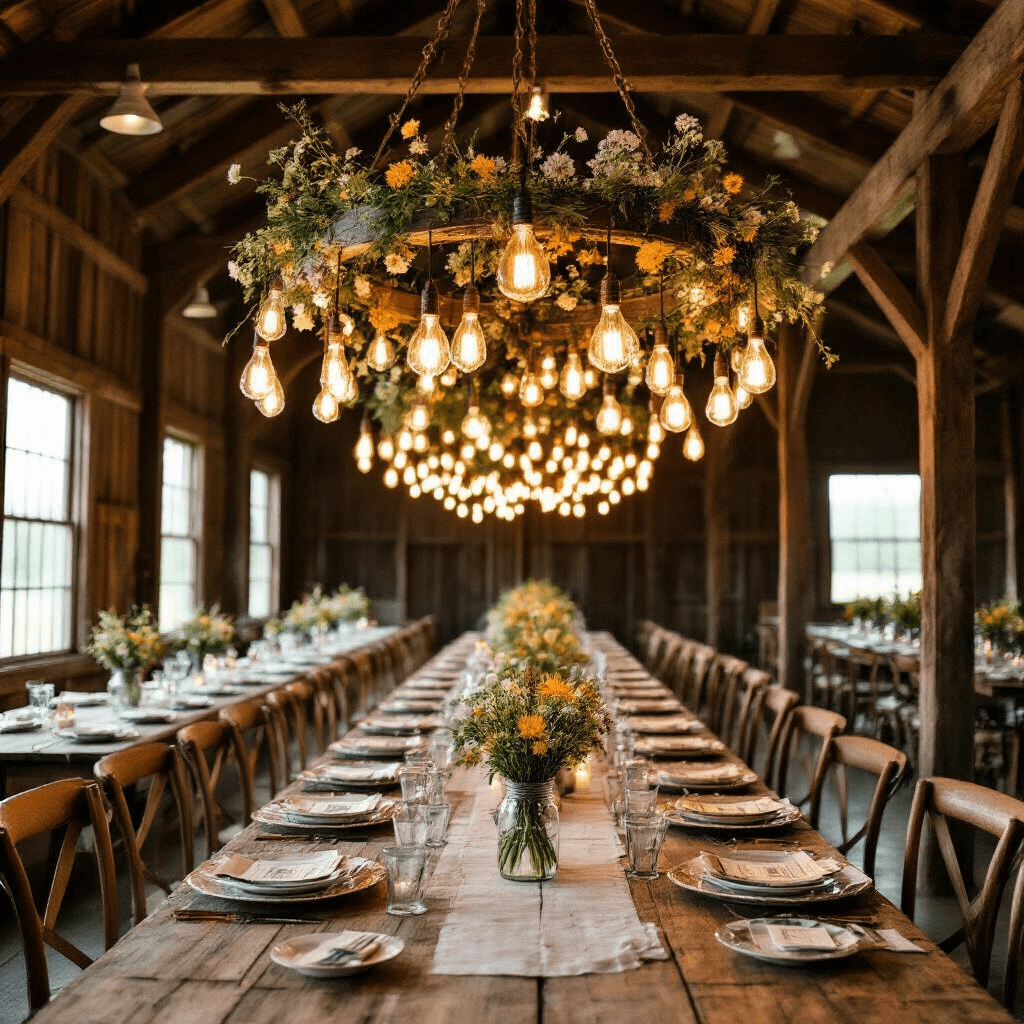 A rustic barn decorated for a milestone birthday with long farmhouse tables set with mismatched vintage china and mason jar centerpieces of wildflowers, illuminated by Edison bulbs. An overhead view captures a striking money garland chandelier from wooden beams, with copper wire fairy lights adding a warm glow.