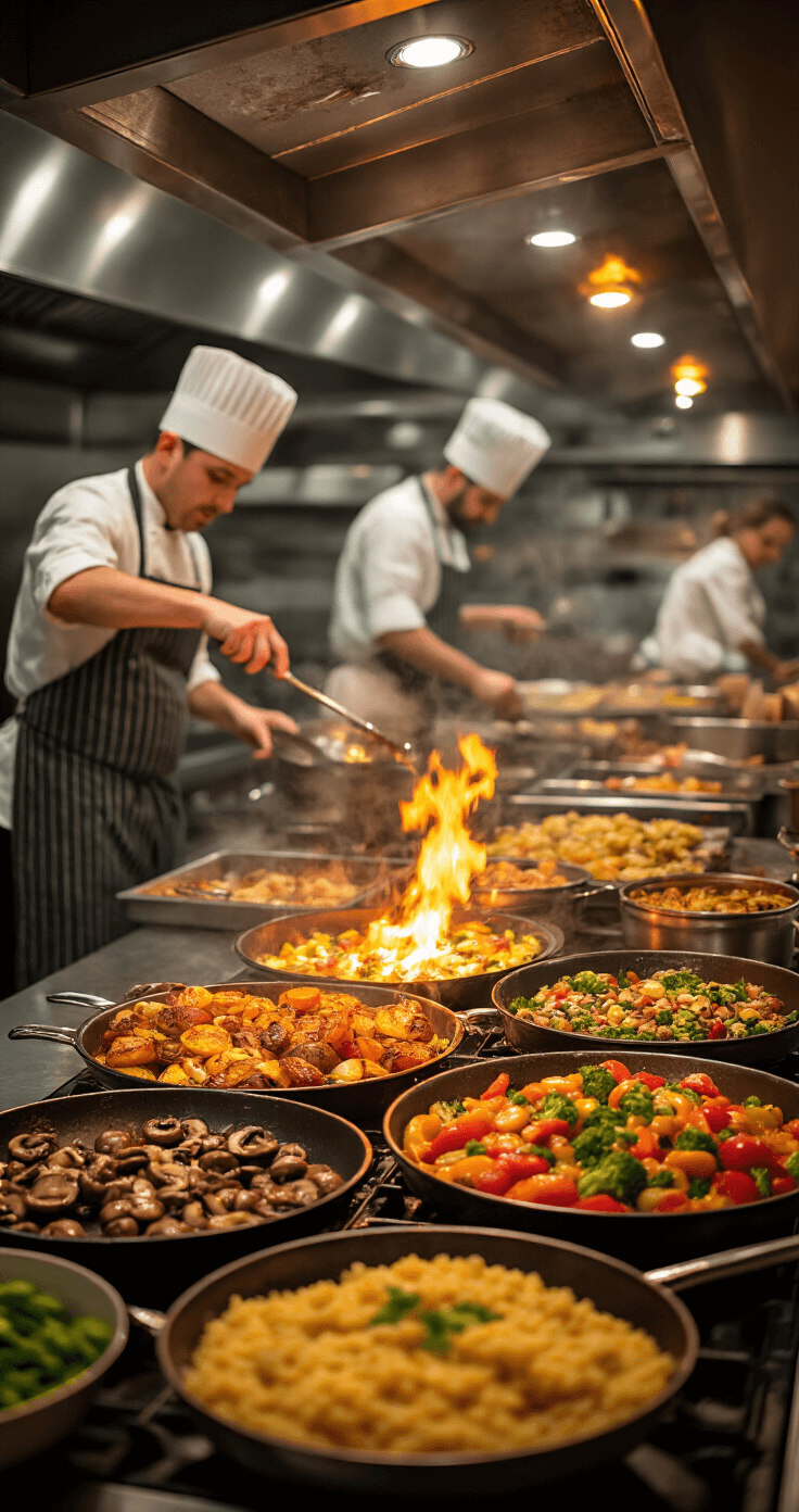 Dynamic shot of a bustling wedding kitchen, showcasing chefs sautéing vibrant ingredients, vegetables roasting in ovens, and a slow-motion drizzle of truffle oil over mushroom risotto, all illuminated by warm tungsten light creating rich amber tones.