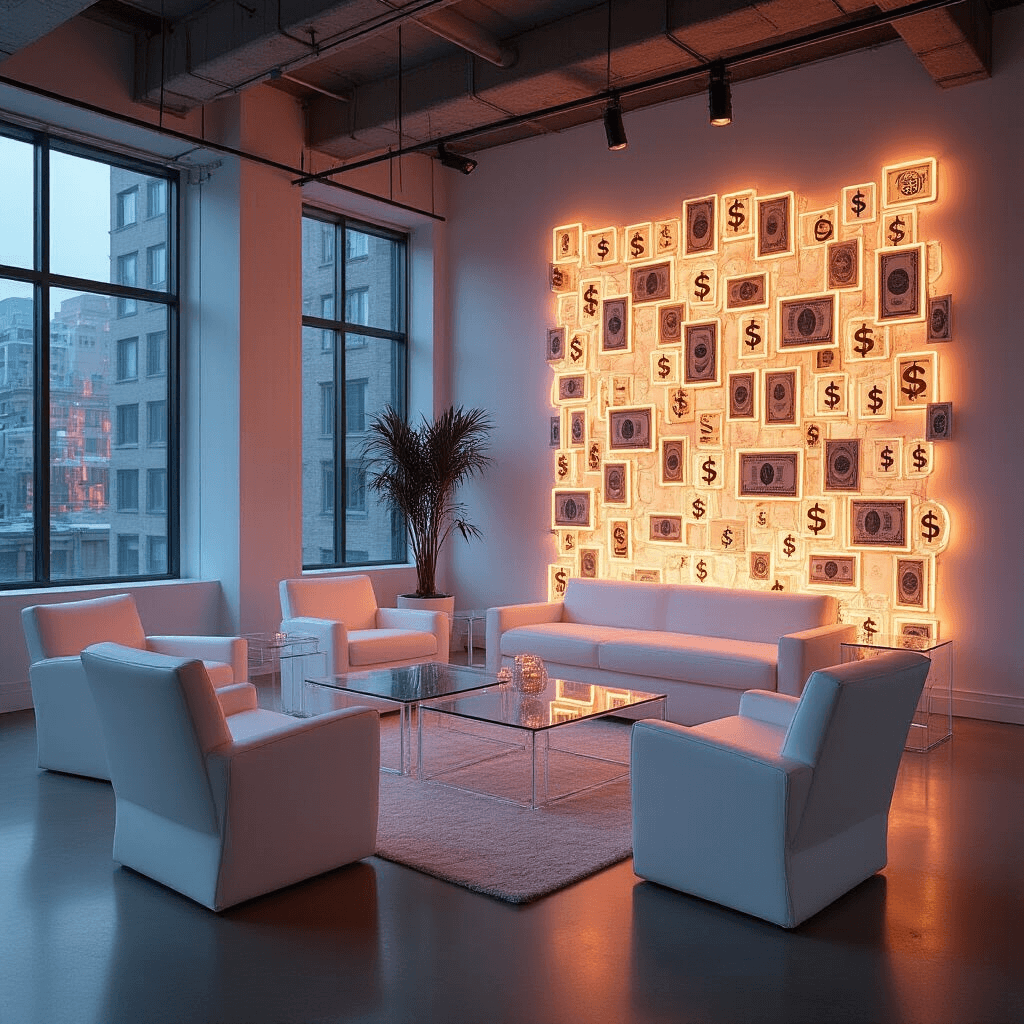 A chic minimalist apartment space for a corporate event, featuring sleek white furniture, lucite ghost chairs, and low cocktail tables. A statement wall displays an avant-garde money garland made of geometric shapes from crisp bills, accented by neon lighting, all illuminated by moody, dramatic lighting that enhances textures and exclusivity.