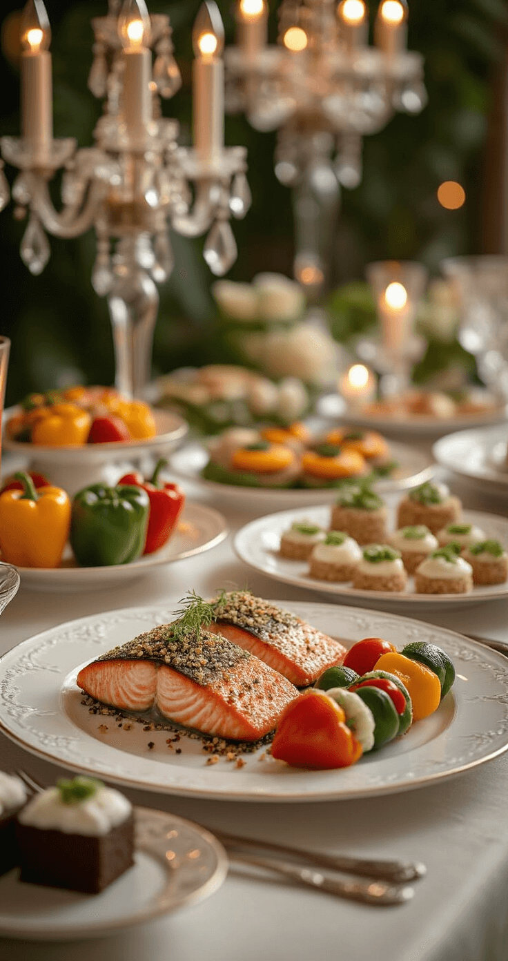 Luxurious close-up of an elegantly plated gluten-free wedding feast featuring herb-crusted salmon, quinoa-stuffed bell peppers, caprese skewers, and cucumber hors d'oeuvres, illuminated by soft candlelight and crystal chandeliers, with flourless chocolate cakes and coconut mango sorbet as decadent desserts.