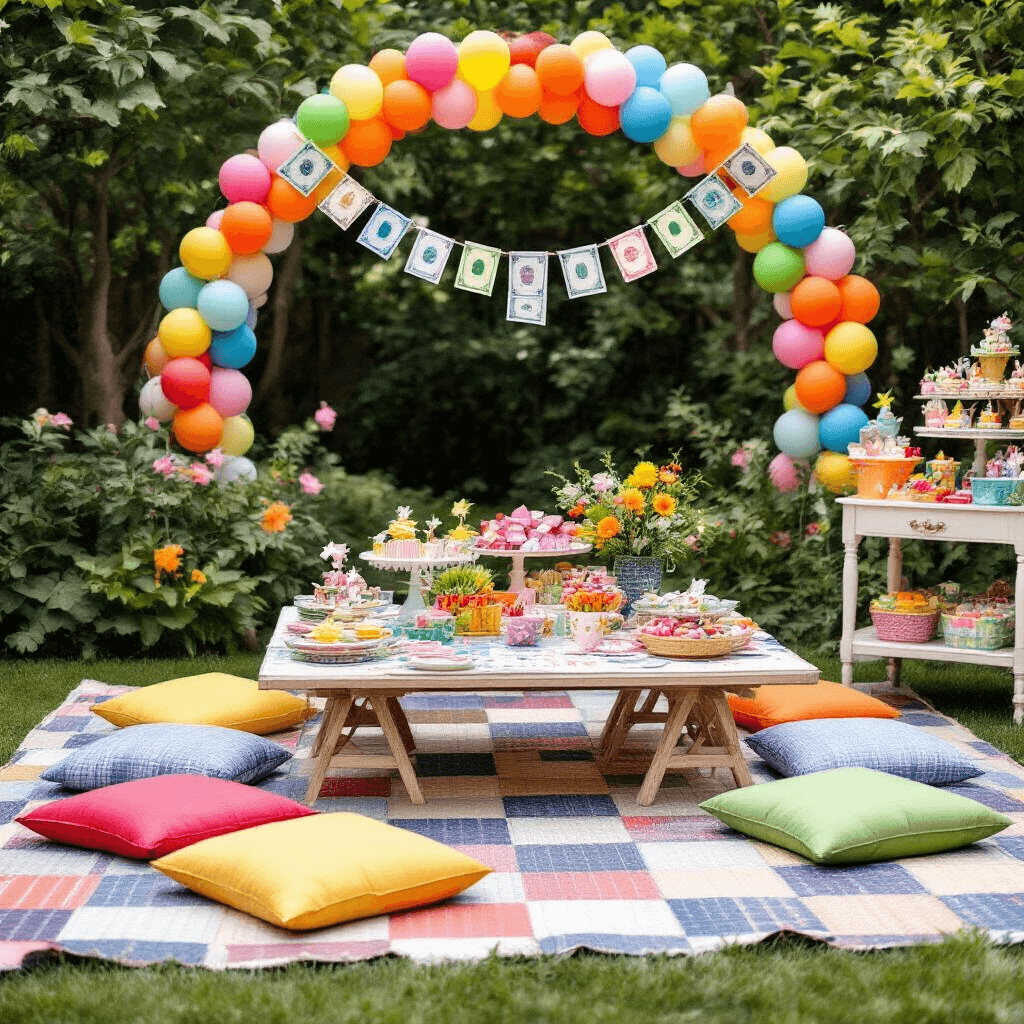 A whimsical garden party setup for a children's birthday featuring colorful picnic-style tables on a patchwork quilt, floor cushions in primary colors, an origami money garland strung between balloon arches, and a vibrant dessert cart, with a close-up of the money garland showing intricate folded bills against a playful party backdrop.