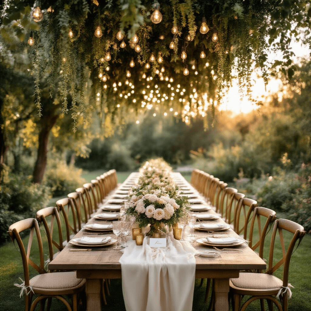 A dreamy outdoor wedding reception at golden hour featuring a long farmhouse table adorned with ivory silk linens, wooden cross-back chairs, twinkling fairy lights, and lush floral centerpieces in blush and cream tones, with brass candleholders and vintage goblets, all bathed in a warm, soft light filtering through the trees.