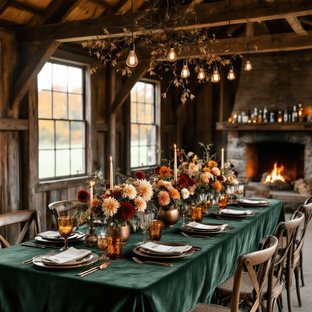 A cozy autumn dinner party in a rustic barn with a forest green velvet table, mismatched vintage chairs, and copper vessel floral arrangements, illuminated by amber glass votives and Edison bulbs, featuring handmade ceramics and an artisanal cocktail bar cart beside a crackling fireplace.