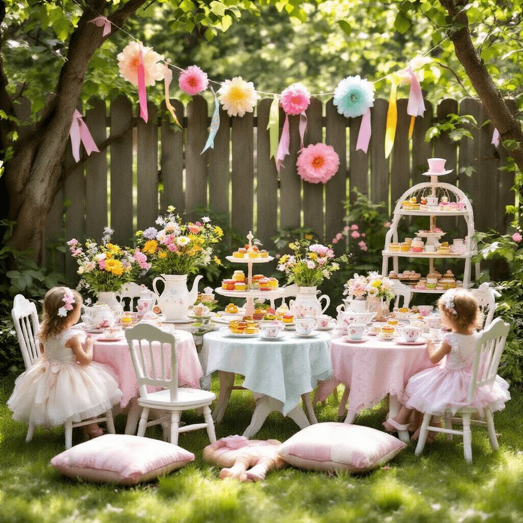 A whimsical children's tea party in a sunlit backyard, featuring miniature tables with pastel linens, floral china, wildflower-filled teapots, tiered stands of treats, oversized paper flowers, streamers, plush cushions, and a dress-up station with tutus and fairy wings.