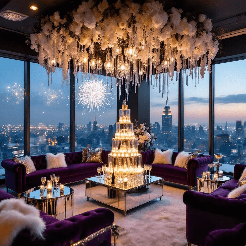 An opulent New Year's Eve rooftop soirée at twilight, featuring a champagne tower, metallic decor, velvet lounge areas, dramatic floral installations, and a glittering disco ball against a stunning city skyline backdrop with fireworks.