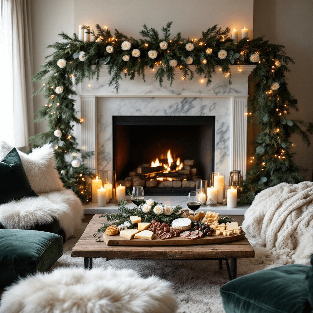 Flower Garlands: The Ultimate Guide to Stunning Event and Home Decor A cozy living room set for a winter gathering, featuring a marble fireplace adorned with a lush garland of pine, eucalyptus, and white roses, soft velvet cushions, faux fur throws, and a cheese charcuterie board on a rustic wood plank, all illuminated by warm candlelight.