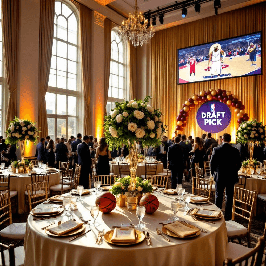 A lavish indoor ballroom elegantly decorated for an NBA draft party, featuring silk ivory table linens, basketball-themed centerpieces, a stage with shimmering gold curtains, and Cleveland Cavaliers' colors in balloon arches and signage, all illuminated by golden hour light.