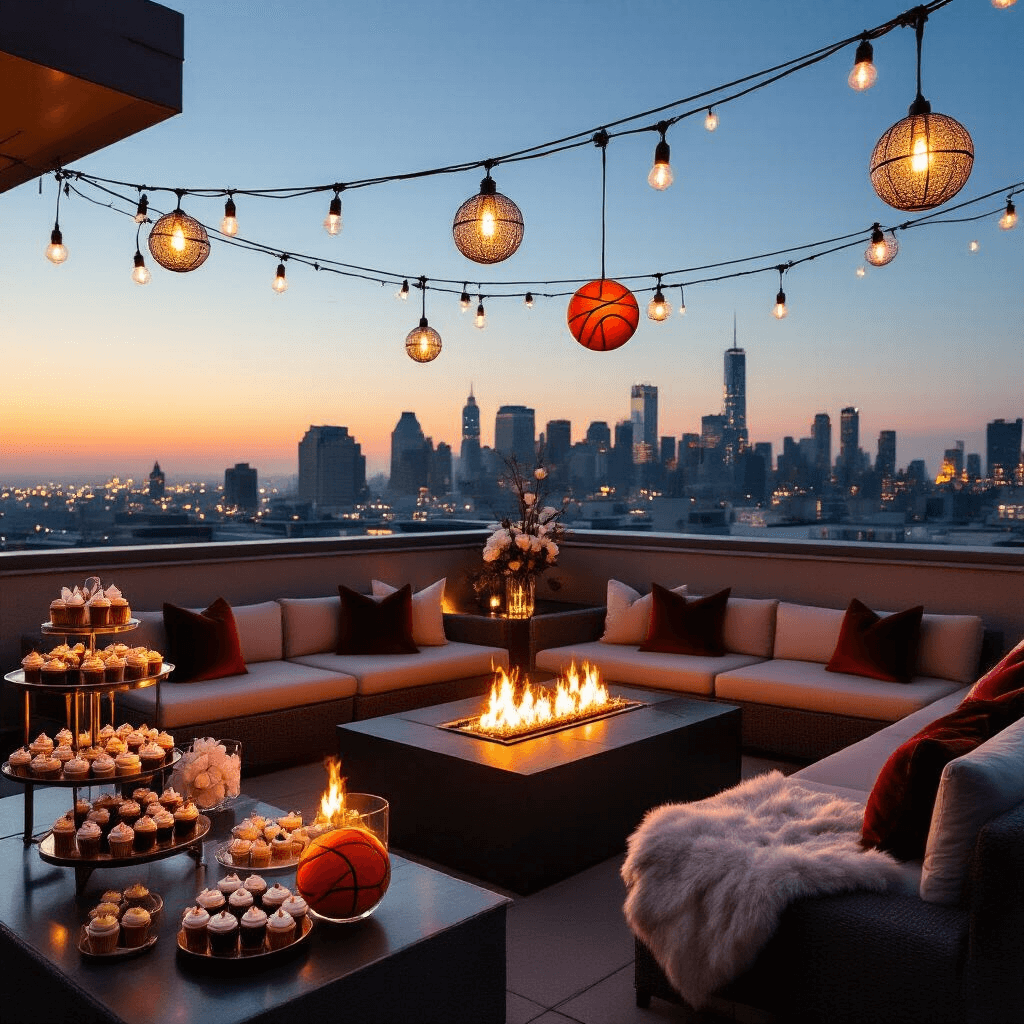 An intimate rooftop terrace at dusk, decorated for a celebrity athlete's birthday with fairy lights, modern globe pendants, low lounge seating around fire pits, a dessert cart with gourmet cupcakes and a basketball-themed cake, sleek cocktail tables with orchids, and luxurious textures of velvet pillows and faux fur blankets, all highlighted by a twinkling city skyline.