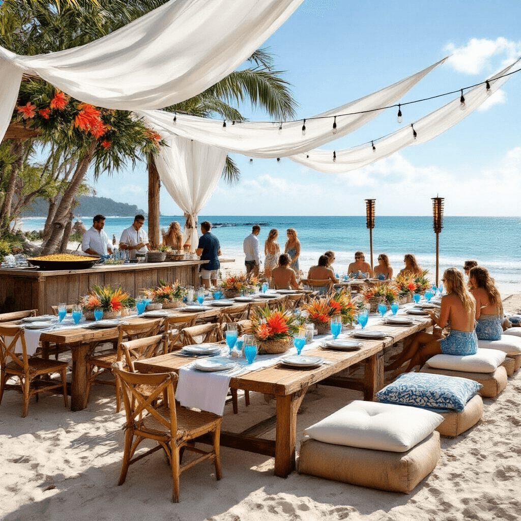 A sun-drenched beachfront victory party setup with wooden farm tables, mismatched chairs, airy white linens, driftwood and tropical flower centerpieces, a tiki bar serving blue cocktails, a paella pan, and oversized floor cushions, all illuminated by string lights and tiki torches.
