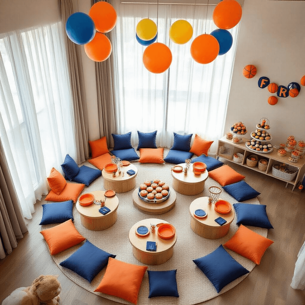 Overhead view of a children's basketball-themed birthday party in a modern apartment, featuring colorful floor cushions, low tables with mini basketball hoops, orange plates, a dessert station with basketball-shaped treats, oversized balloons, and a DIY 'free throw' game, all illuminated by soft natural light.