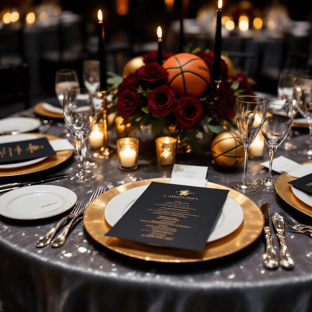A close-up view of an elegant awards gala table setting featuring a shimmering gunmetal grey tablecloth, metallic gold charger plates, white china, black menu cards with gold calligraphy, silverware, and crystal stemware. The centerpiece includes deep burgundy roses, golden basketball accents, and tall black taper candles, with votive candles providing a warm glow, enhancing the gold details in the dimly lit venue.