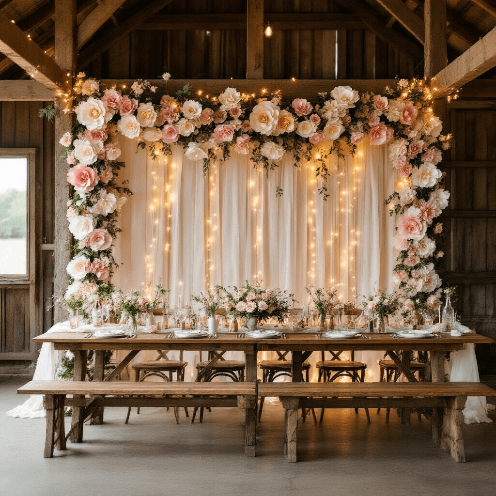 A wide-angle view of a golden hour wedding reception in a rustic barn, featuring a DIY paper flower garland backdrop of blush pink and ivory flowers hanging from wooden beams, soft fairy lights illuminating the scene, and long farmhouse tables decorated with miniature garlands and vintage glass bottles filled with wildflowers.