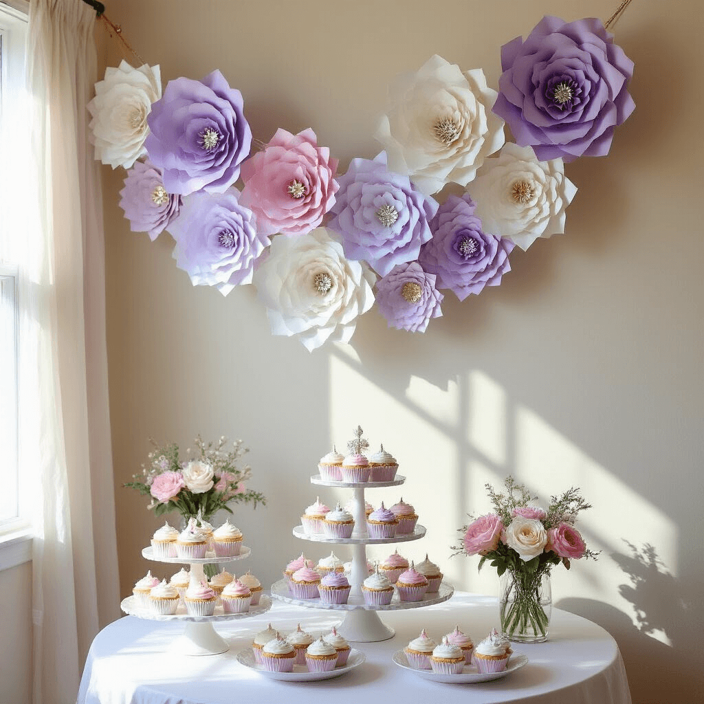 A sun-drenched living room decorated for a baby shower, featuring an ombre paper flower garland in lavender and silvery white on a statement wall, and a dessert table with pastel-frosted cupcakes. Light filters through gauzy curtains, enhancing the dreamy atmosphere.
