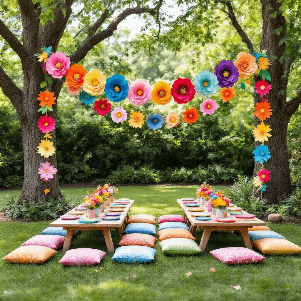 A whimsical children's birthday party in a lush backyard, featuring a vibrant rainbow paper flower garland overhead, low tables with bright cushions, and colorful place settings, all surrounded by natural greenery.