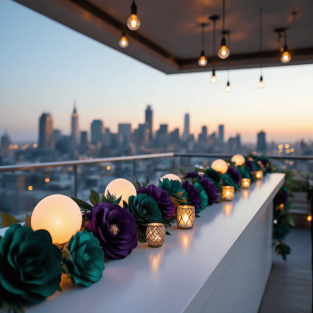 An elegant rooftop cocktail party at sunset, featuring a sleek white bar adorned with jewel-toned paper flower garlands, ambient orb lights, and geometric candle holders, with a city skyline twinkling in the background.