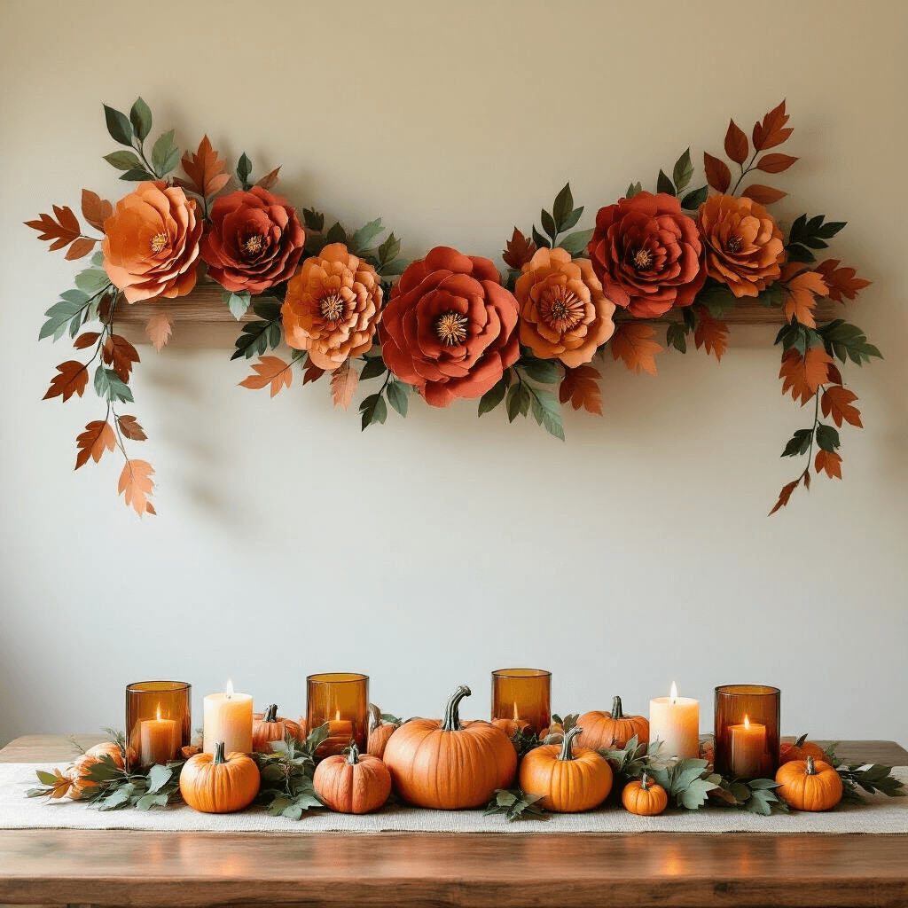 Close-up of a cozy autumn-themed garland made of paper flowers in warm terracotta, burnt orange, and sage green, featuring intricate details, paper leaves, and miniature paper pumpkins, set above a dining table decorated with real gourds and amber candle holders.