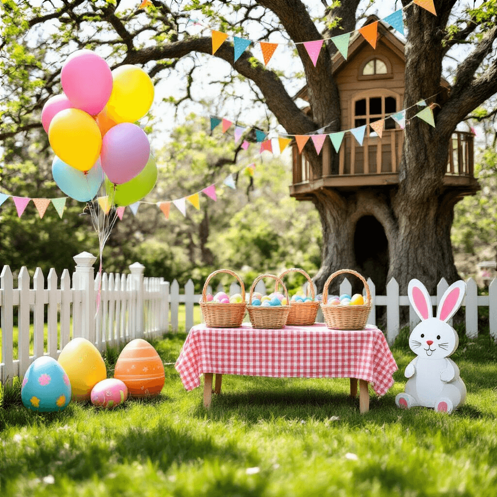 A whimsical Easter egg hunt setup in a sunlit backyard featuring colorful balloons, oversized papier-mâché eggs, and cheerful rabbit cutouts, viewed from a child's perspective.
