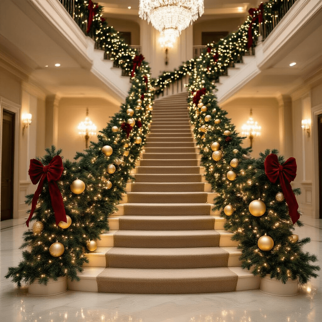A grand indoor ballroom staircase adorned with a lush Christmas garland featuring artificial pine, warm white LED lights, and oversized gold and cream ornaments, complemented by elegant red velvet bows along the banister. The scene is warmly lit, showcasing polished marble floors and sparkling crystal chandeliers overhead.