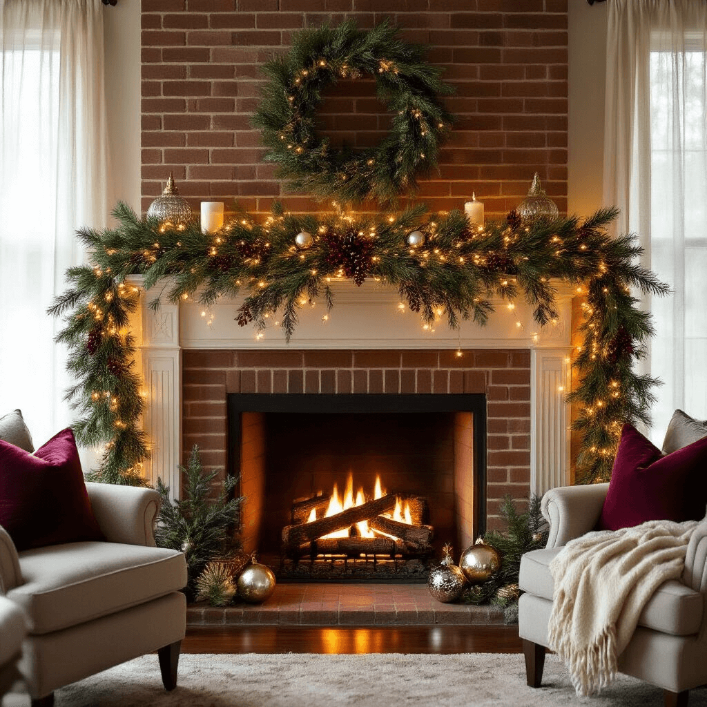 A warm and inviting living room at golden hour, featuring a cozy fireplace mantel adorned with a holiday garland of fresh pine, eucalyptus, and berries, accented by fairy lights and mercury glass ornaments, with plush jewel-toned pillows on nearby armchairs.