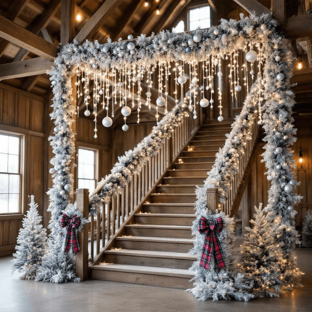 A cozy barn interior decorated for a winter wonderland celebration, featuring a grand staircase wrapped in white-flocked garland with silver and ice blue ornaments, hanging icicle lights, and plaid ribbon bows, viewed from below to highlight the enchanting atmosphere.