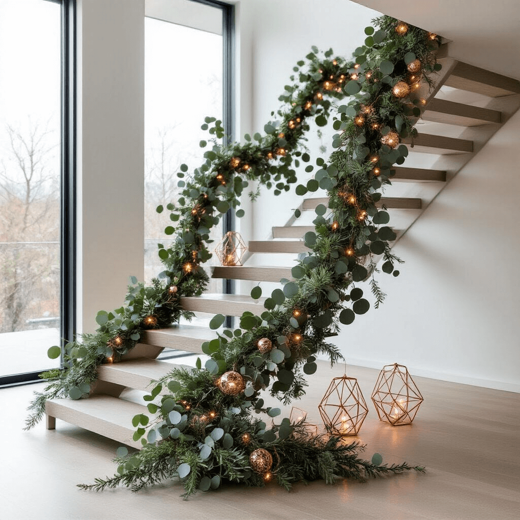 A minimalist holiday-decorated sleek staircase featuring an asymmetrical eucalyptus garland with air plants and rose gold geometric ornaments, illuminated by thin copper wire lights, set in a modern apartment with natural light from large windows.