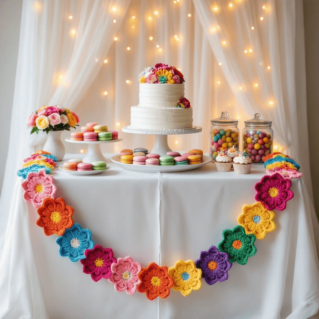 An overhead flat-lay view of a vibrant birthday dessert table featuring a rainbow crochet flower garland, a tiered white cake, color-coordinated macarons, cupcakes, and candy jars, set against a soft tulle backdrop with twinkling fairy lights.